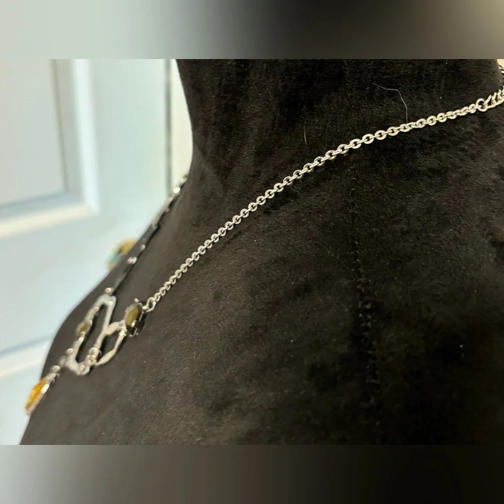 Chico’s Silvertone Mixed Link Statement Necklace Crystal Drop Pendant